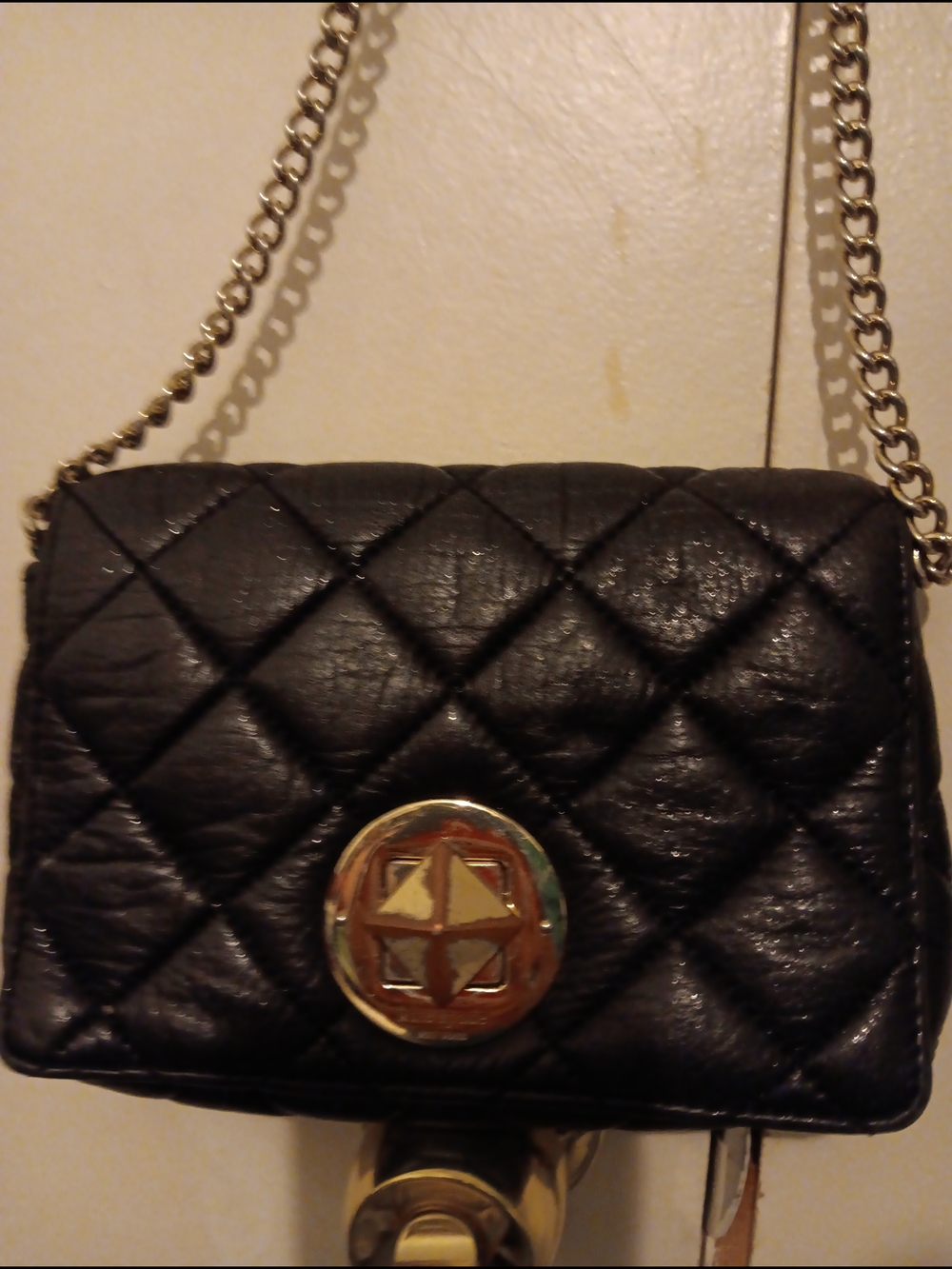 Black Quilted Chain Shoulder Bag with Gold Accent